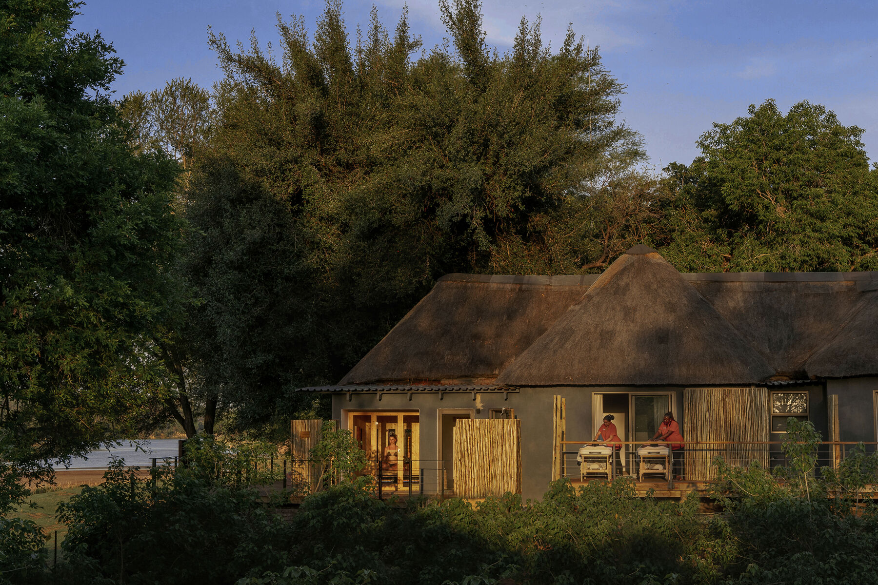 Lodge cabin exterior at golden hour