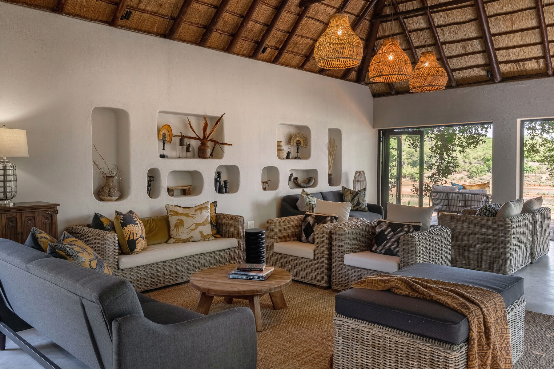 Thatched lodge lounge interior